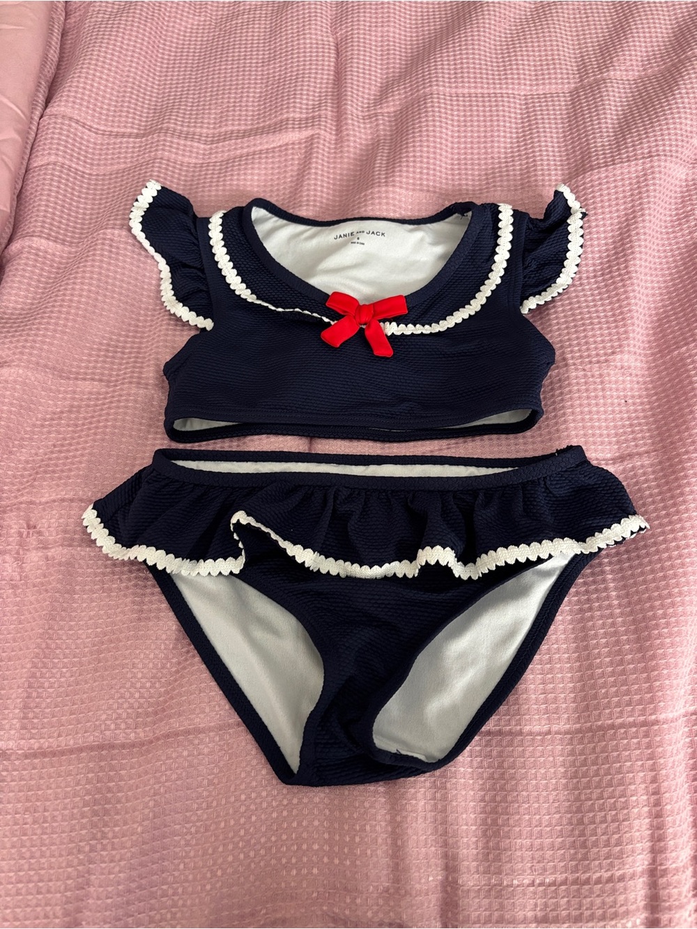 Janie and Jack Navy Blue Ruffle Two-Piece Swim Set with Red Bow Size 6